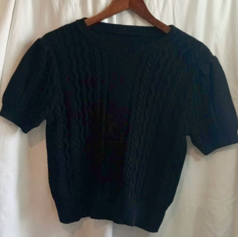 Cider XL Crop Black Cable-Knit Short Sleeve Sweater Goth Scandi Baddie Retro - Picture 2 of 6